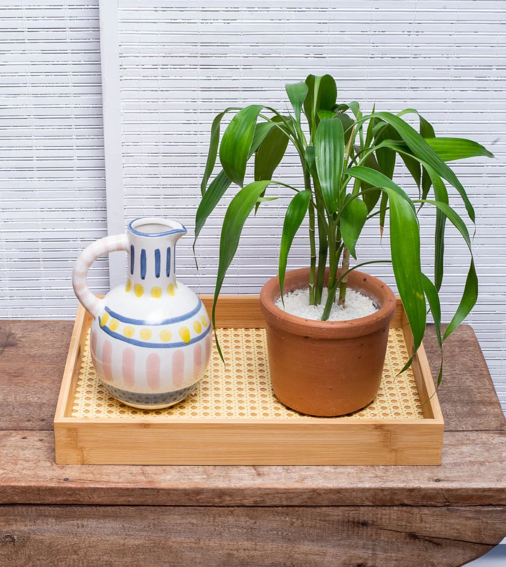 Bandeja De Bambu Com Palha Retangular 39cm