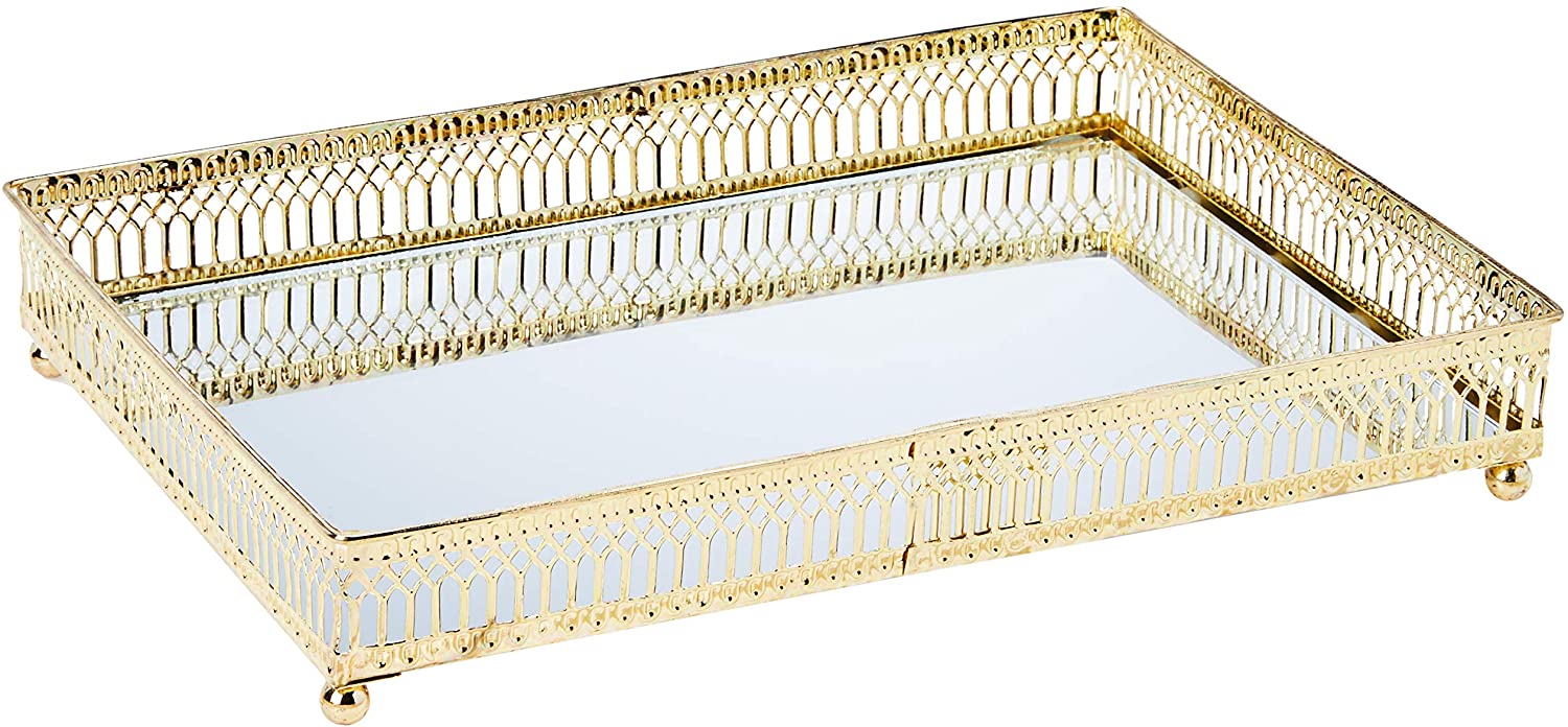 Bandeja de Metal com Espelho Dourado 27cm