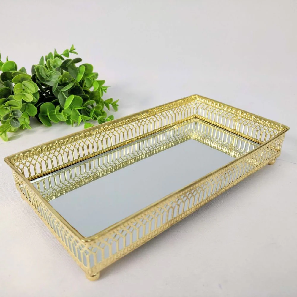 Bandeja de Metal com Espelho Dourado 27cm - Image 6