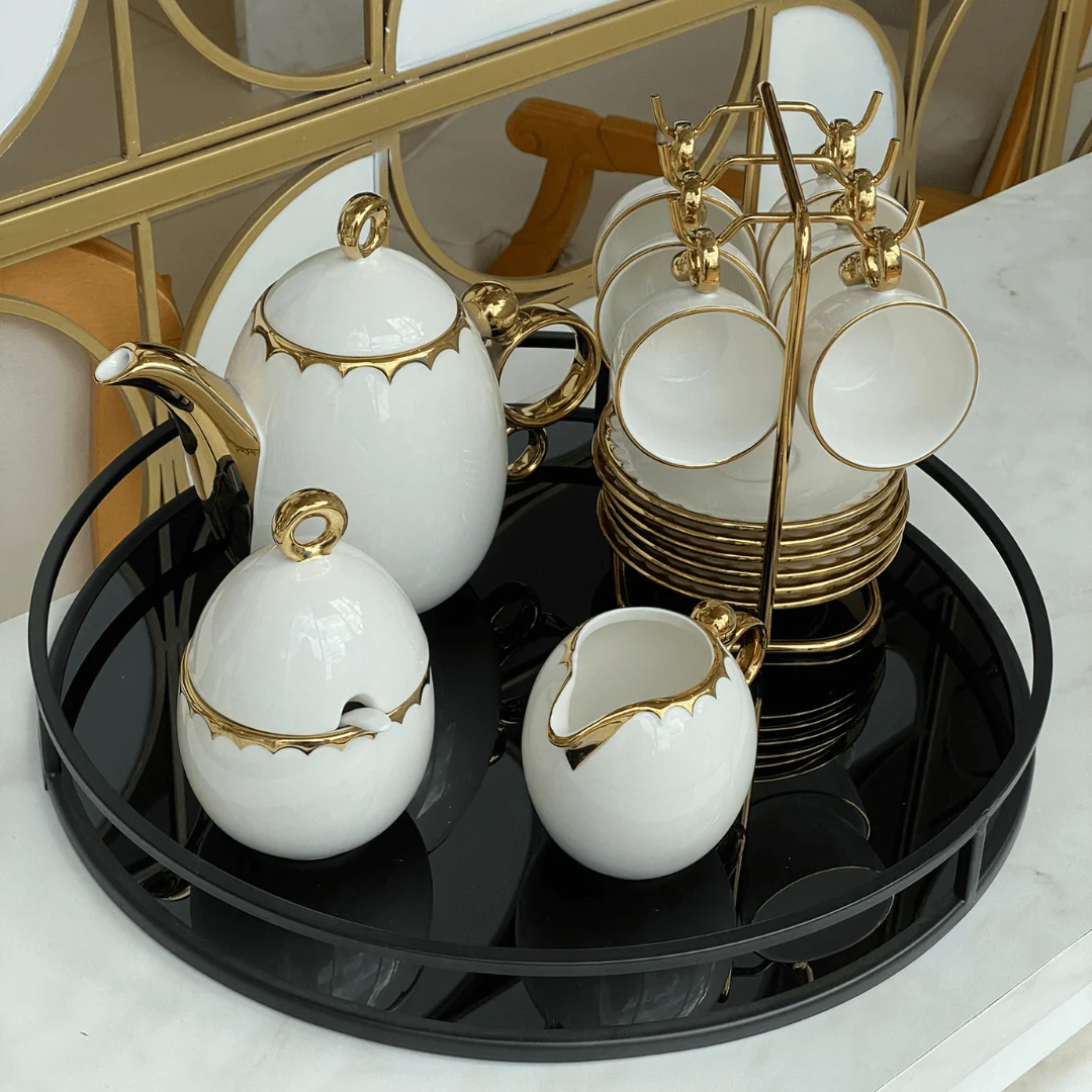 Conjunto Para Café Bule Açucareiro Leiteira Porcelana Dourado - 3 Peças - Image 5
