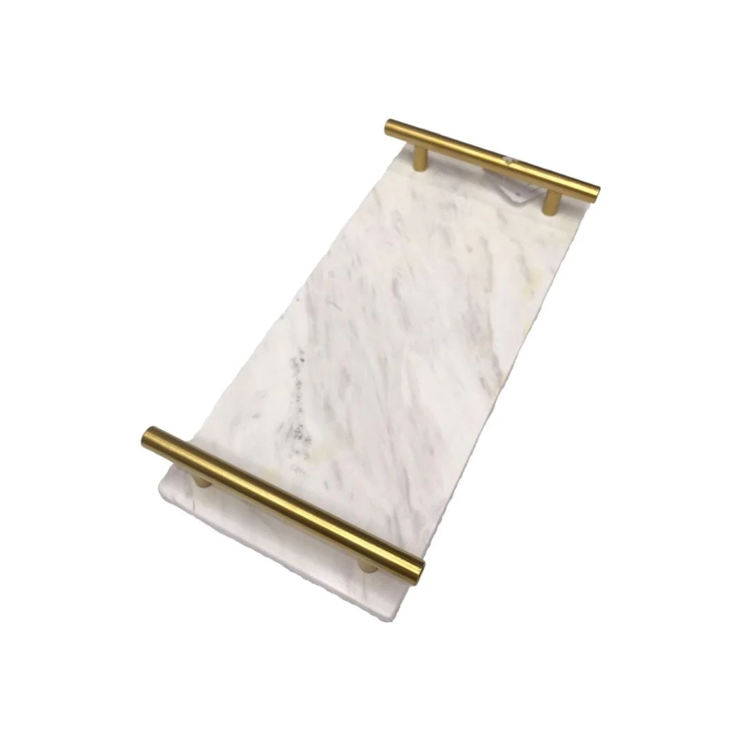 Bandeja Decorativa de Marmore e Metal Branca e Dourada 30cm - Image 2