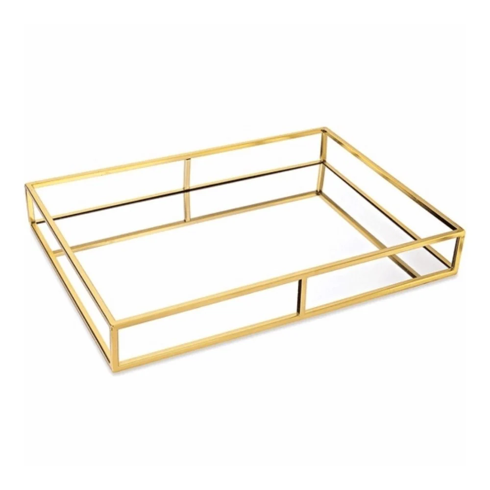 Bandeja Dourada Em Metal Com Espelho - 35 cm