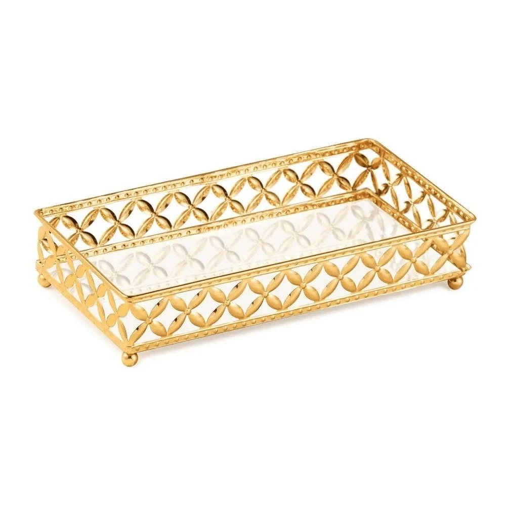 Bandeja Dourada em Metal Retangular com Interior Espelhado - 24 cm