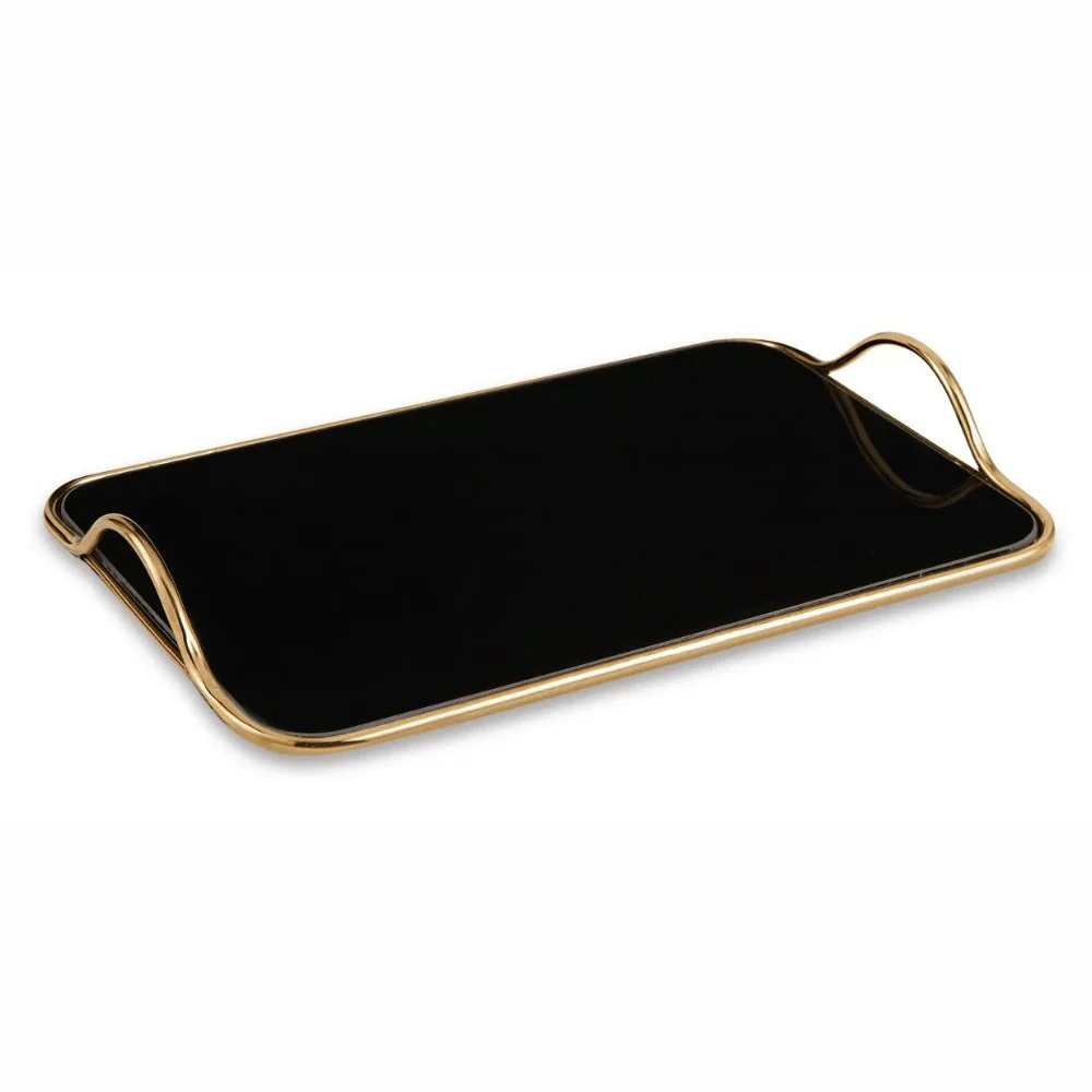 Bandeja Dourada em Metal com Espelho Preto Retangular - 46 cm