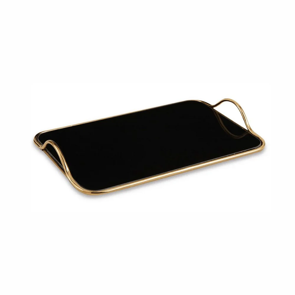 Bandeja Dourada em Metal com Espelho Preto Retangular - 34 cm