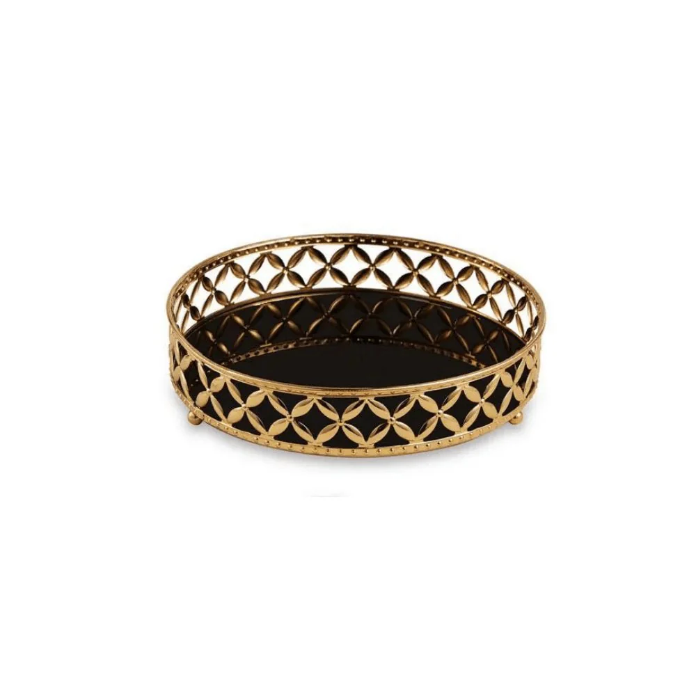 Bandeja Dourada em Metal com Espelho Preto Redonda - 5 x 17,5 cm