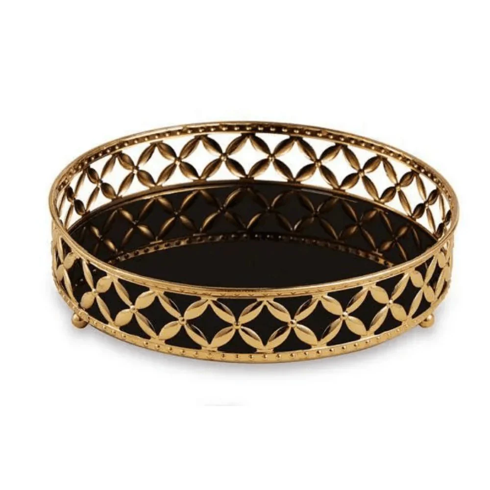 Bandeja Dourada em Metal com Espelho Preto Redonda - 5 x 24,5 cm