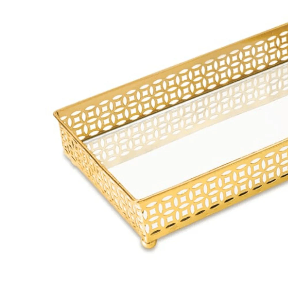 Bandeja Dourada Retangular Em Metal Com Espelho 23,5cm x 12,5cm - Image 2