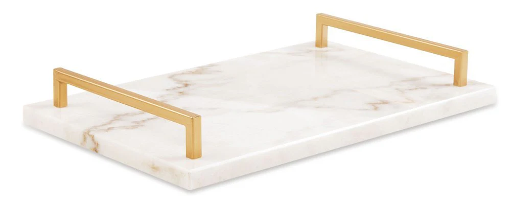 Bandeja Em Mármore E Metal Dourado - 38 cm