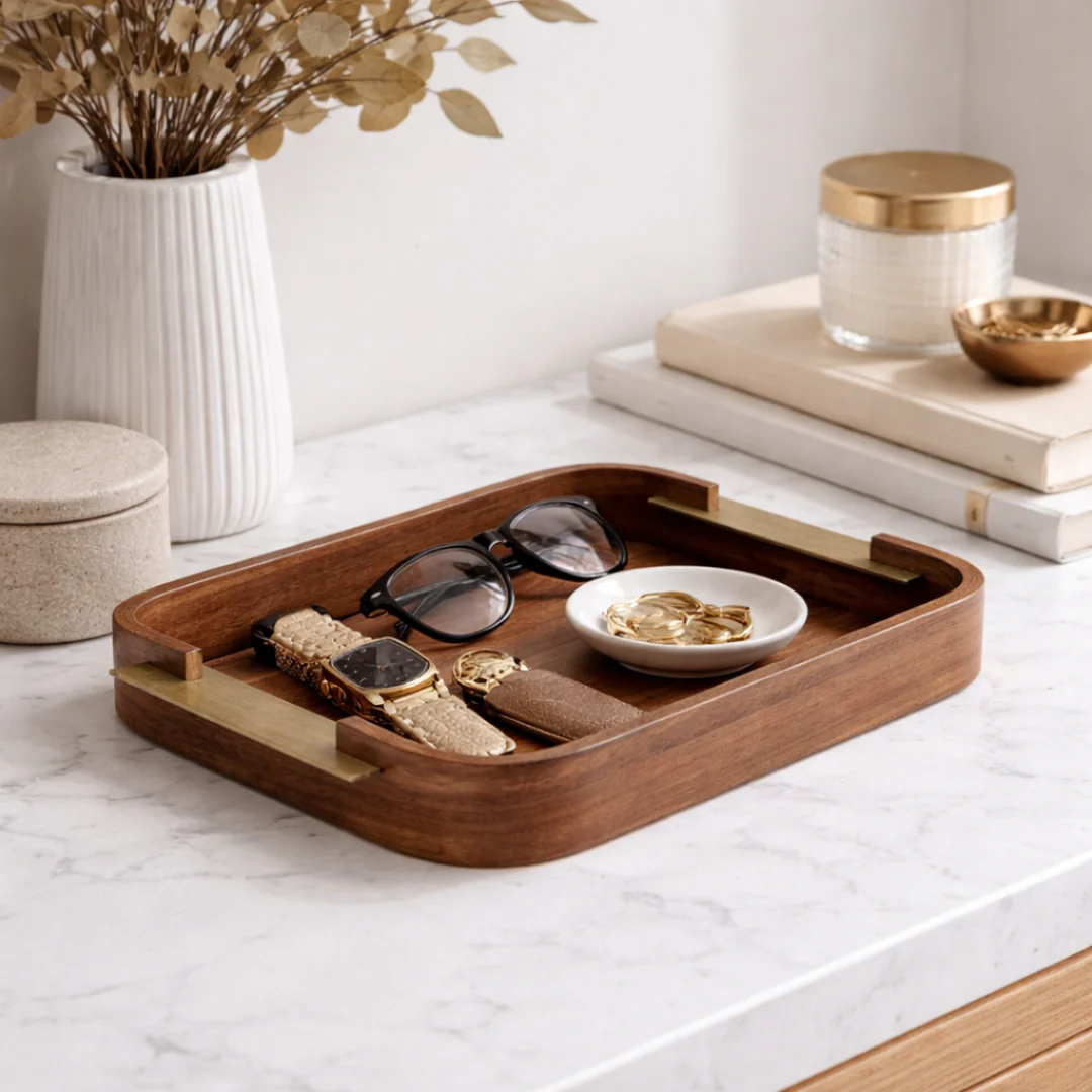 Bandeja em MDF e Metal Marrom 38,5cm P