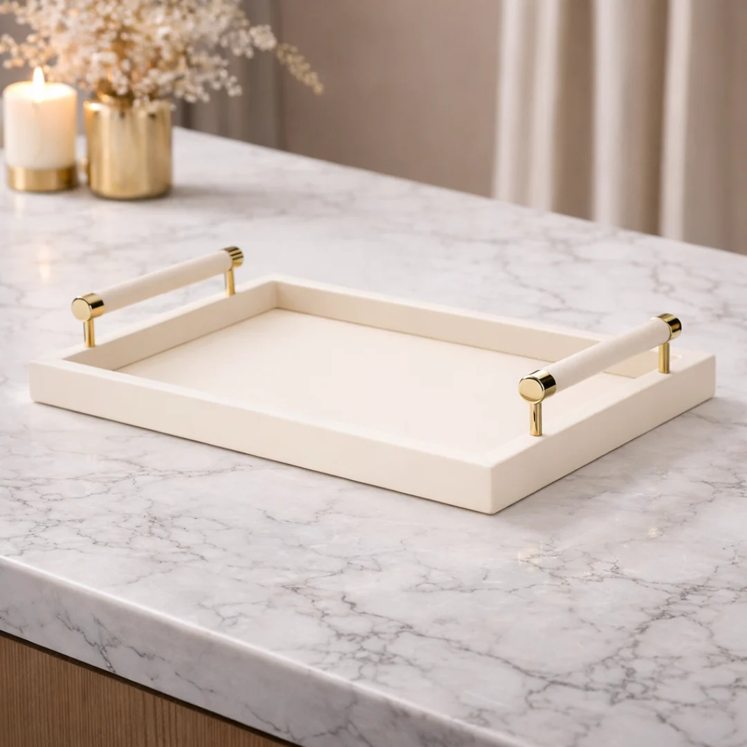Bandeja em MDF e PU com Alças Bege 41cm P