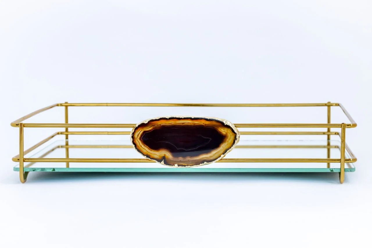 Bandeja Fence Dourada Ágata Âmbar 15cm x 25cm