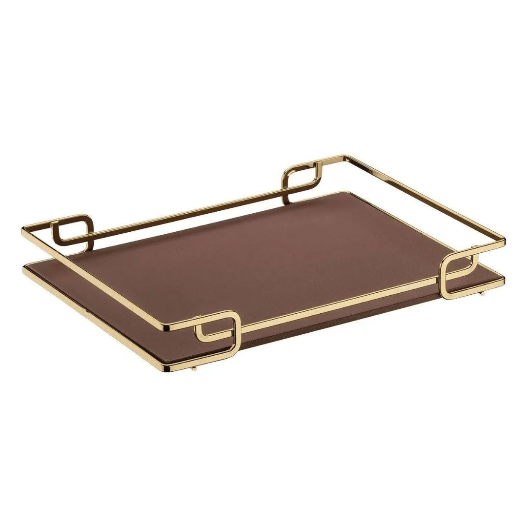 Bandeja Luana com Base de Couro Dourado e Marrom 40cm x 30cm