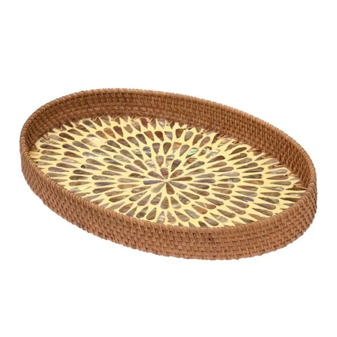 Bandeja Oval Rattan e Madrepérola 40cm