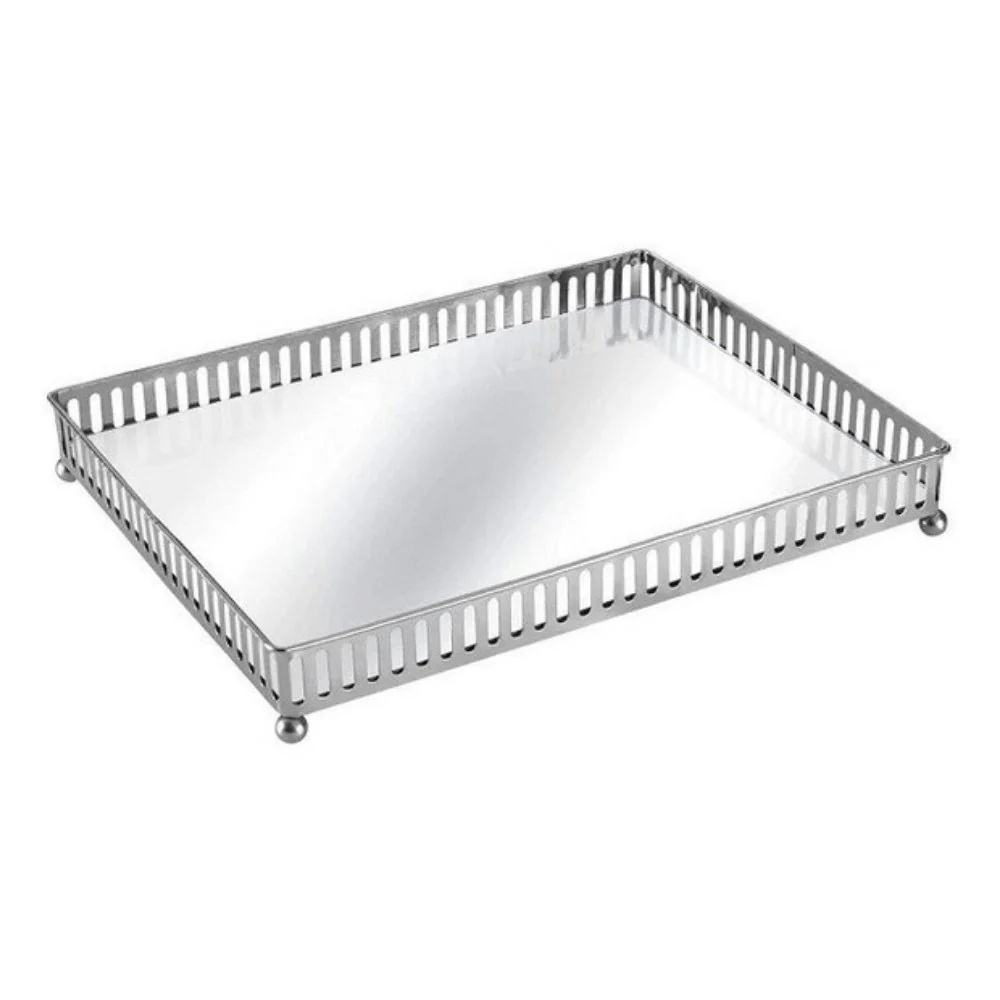 Bandeja Prata em Metal Com Interior Espelhado Retangular - 30,5 cm