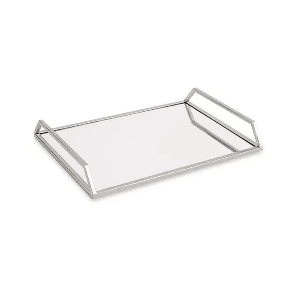 Bandeja Prata em Metal Interior Espelhado Retangular com Alça - 29 cm