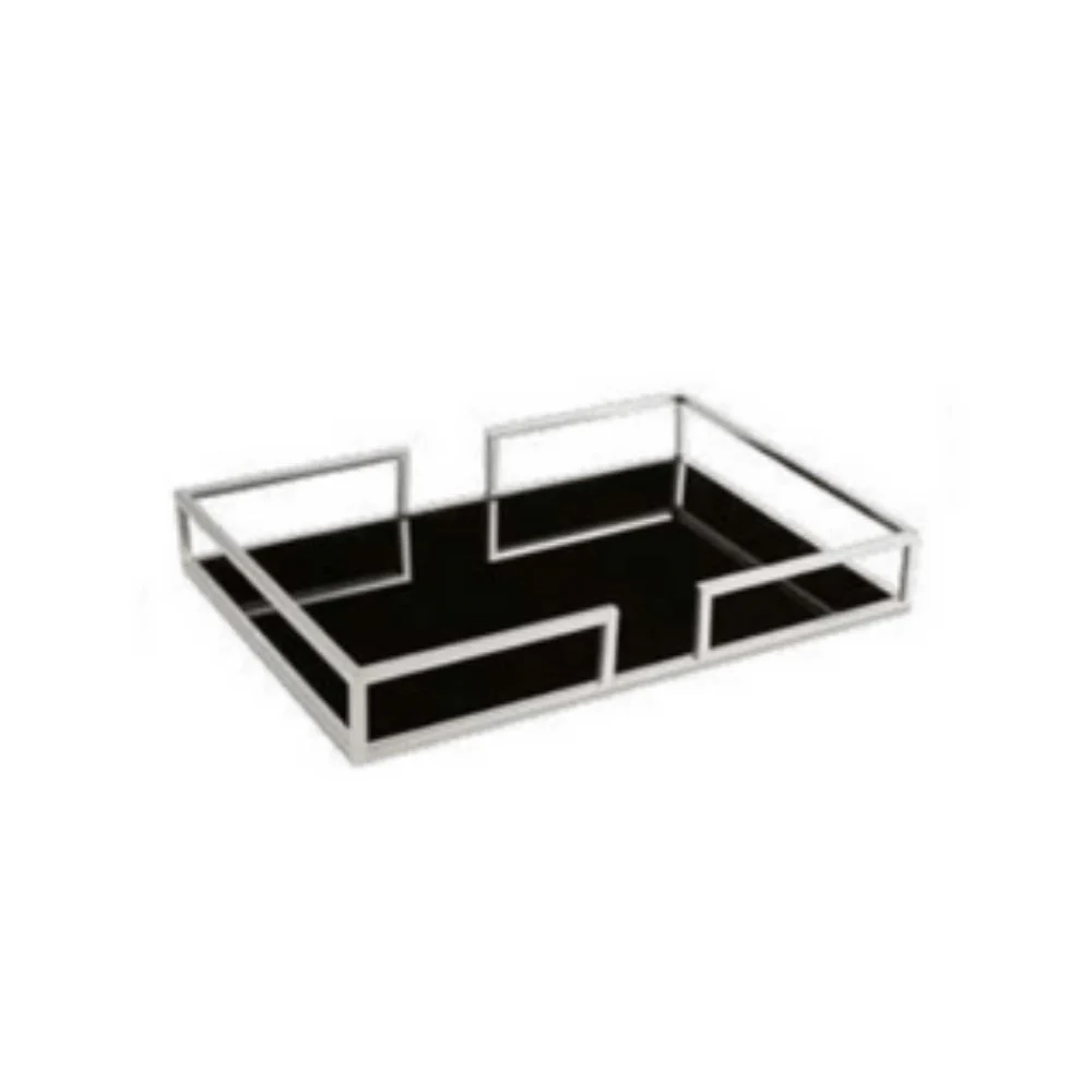 Bandeja Prata em Metal Cromado com Espelho Preto - 21 x 30 cm