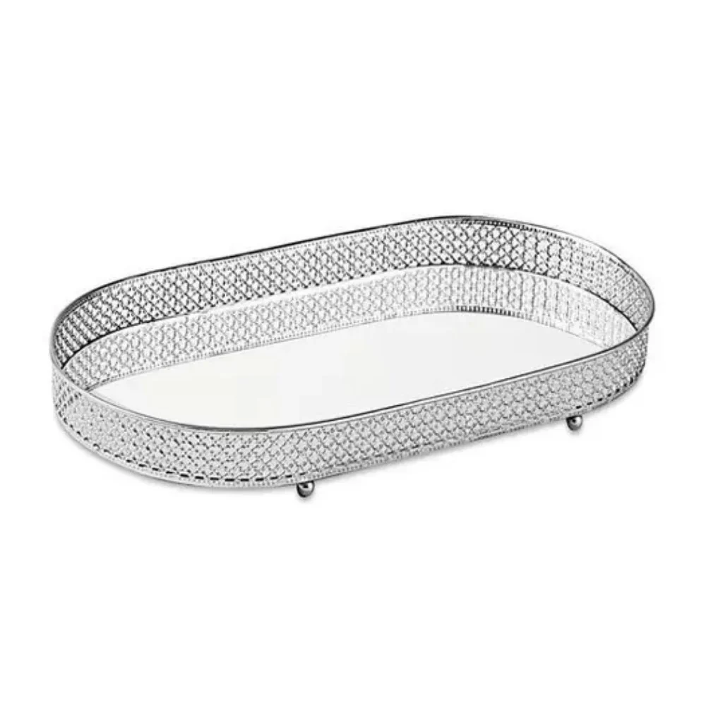 Bandeja Prata Oval Em Metal Com Espelho - 38,5