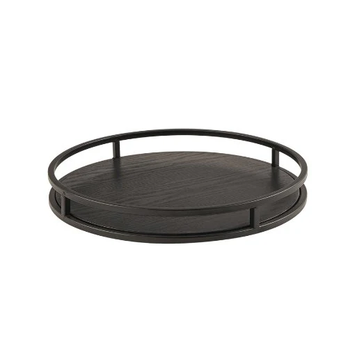 Bandeja Redonda em Madeira e Metal Preta 40cm G