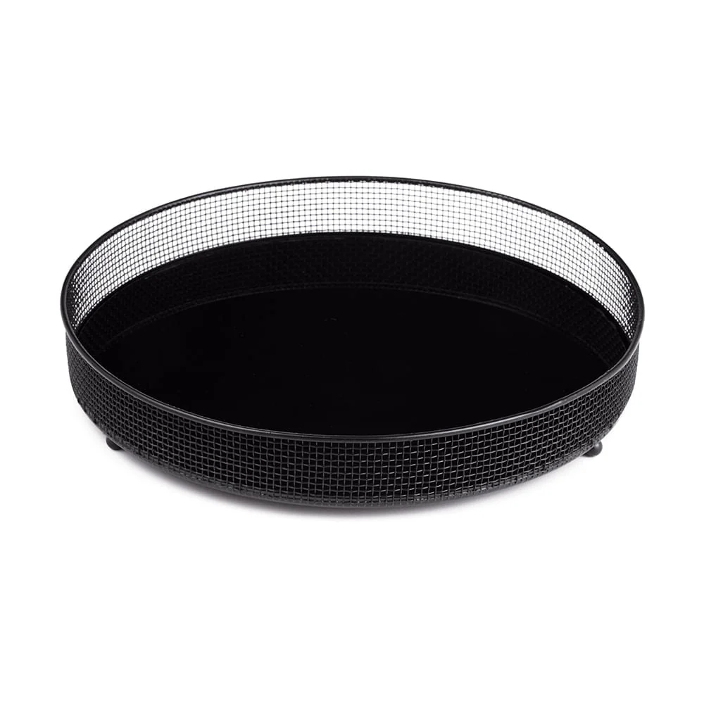 Bandeja Redonda Preta Em Metal Com Espelho Preto 4 x 24,5 cm