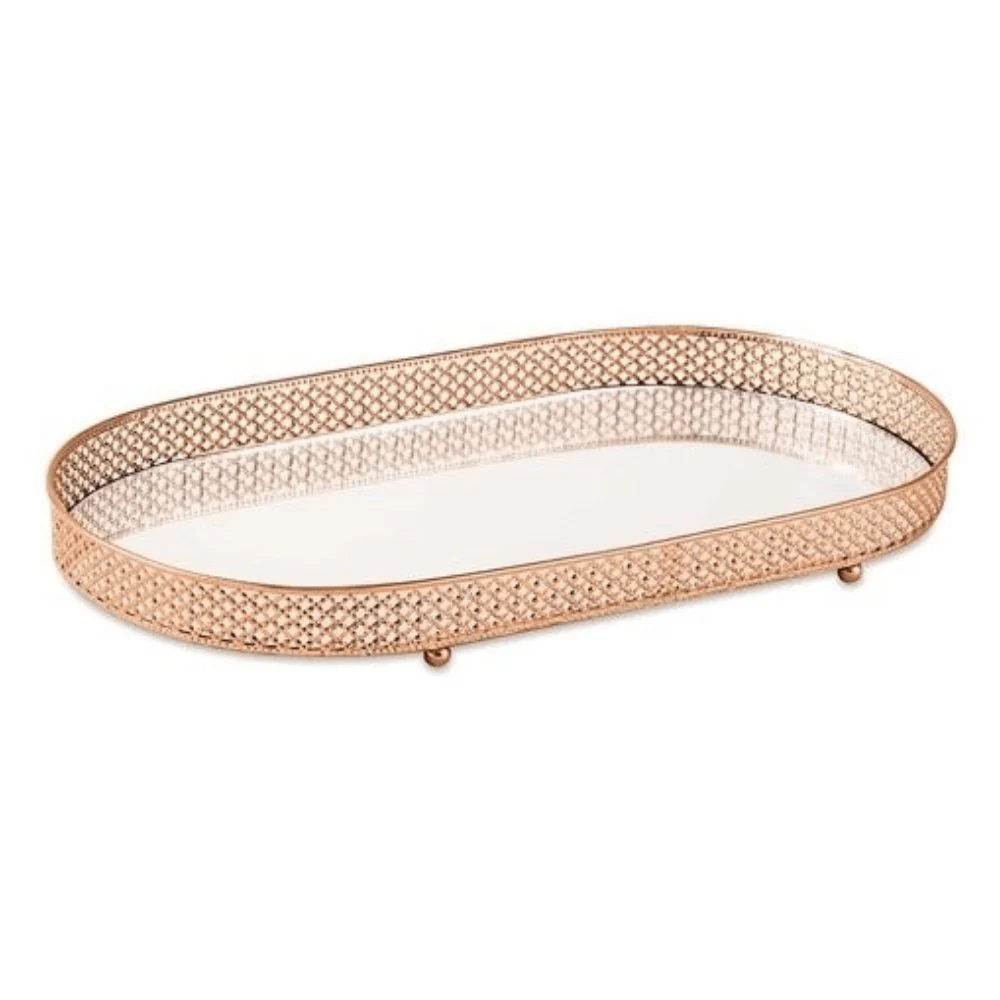 Bandeja Rose Gold em Metal com Espelho Oval G - 38,5 cm