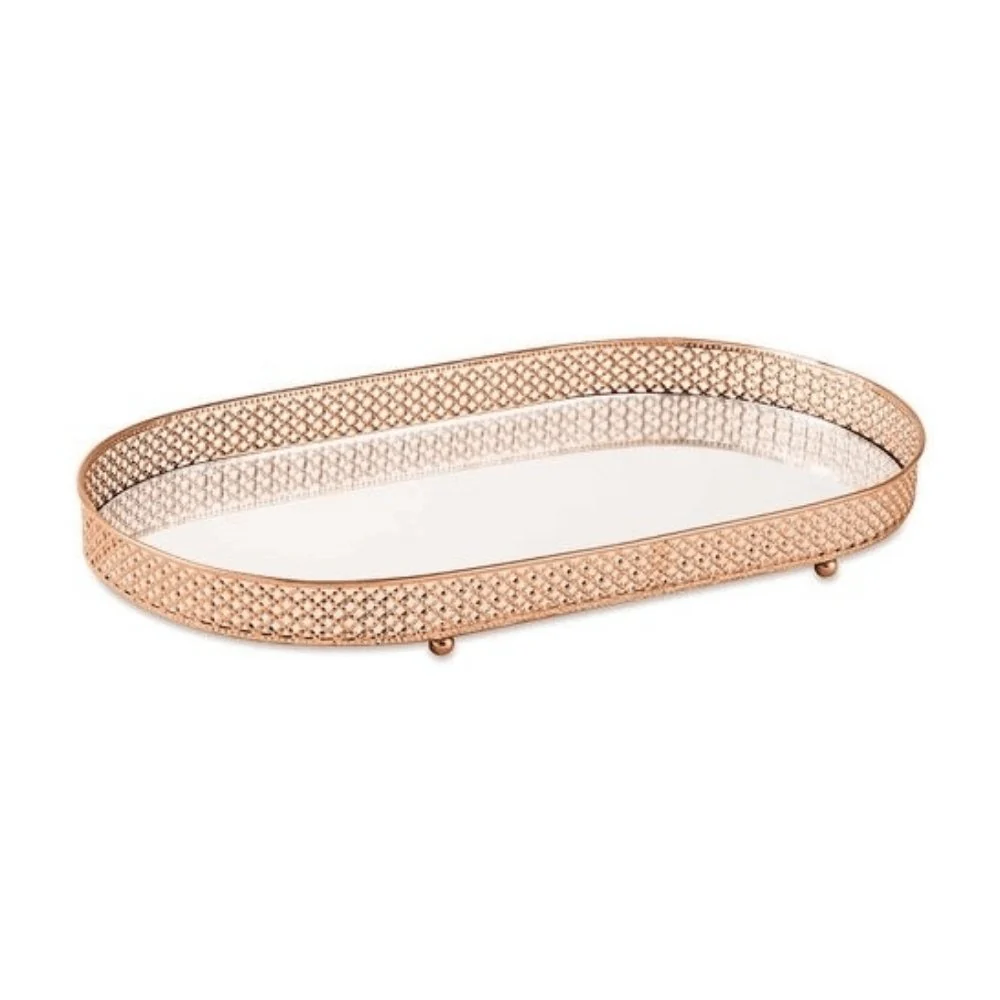 Bandeja Rose Gold em Metal com Espelho Oval M - 33 cm