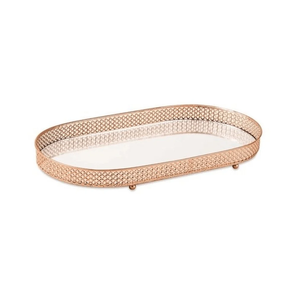 Bandeja Rose Gold em Metal com Espelho Oval P 28,5 cm x 13,5 cm x 4 cm