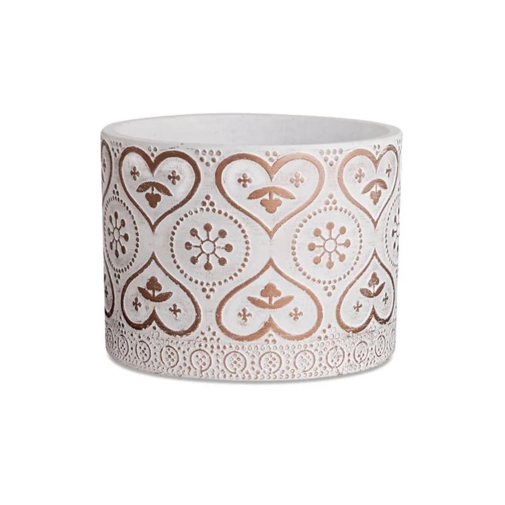 Cachepot Branco e Rose Gold em Cimento Corações - 13,5 cm