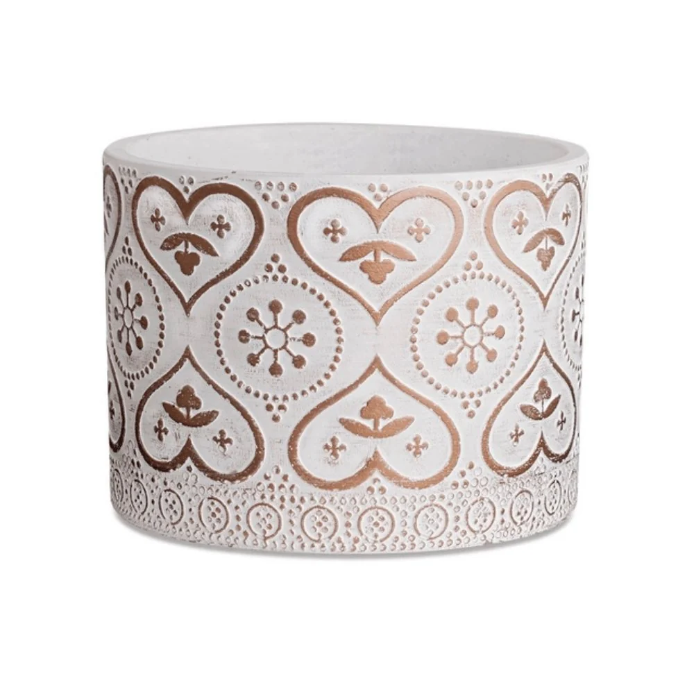 Cachepot Branco e Rose Gold em Cimento Corações - 16,5 cm
