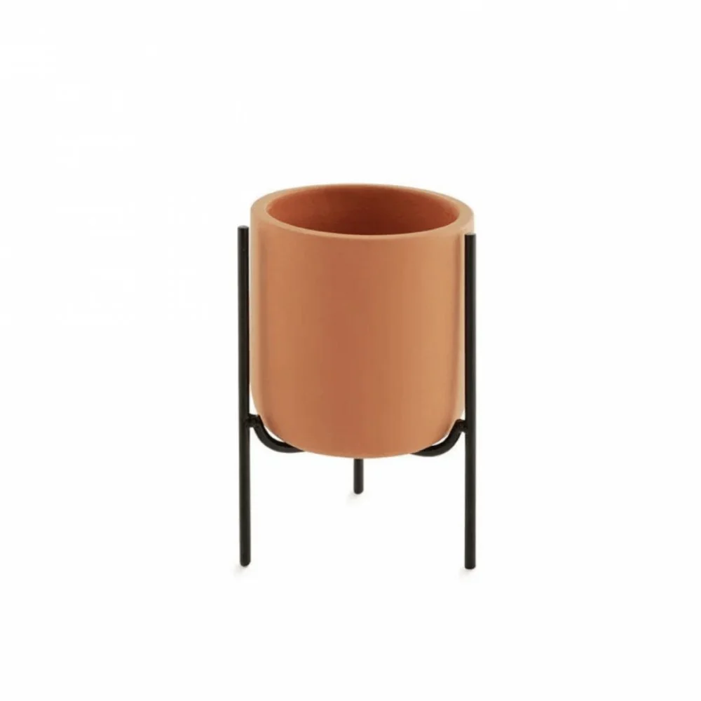 Cachepot Terracota Em Cimento Com Suporte Preto Em Metal - 12 x 8 cm
