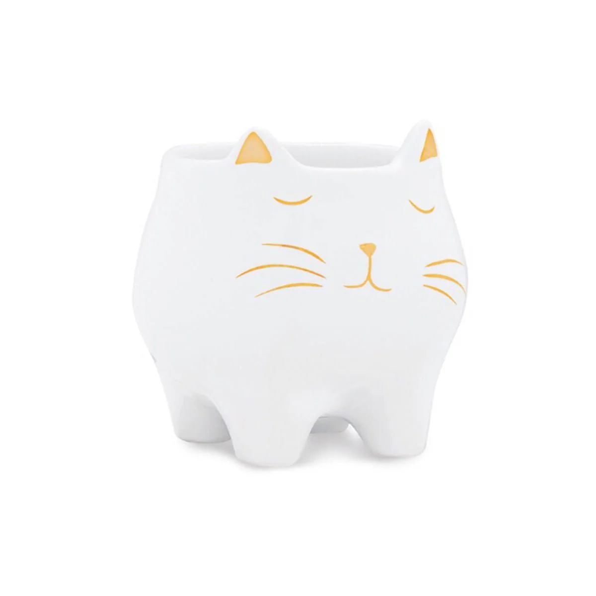 Cachepot Gato Em Cerâmica Branco Com Dourado - 10,5 cm