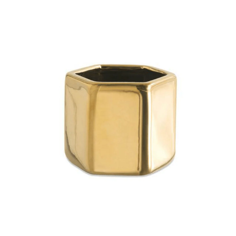 Vaso Cachepot Hexágono Porta-Velas Em Cerâmica Dourado - 6 x 7 cm