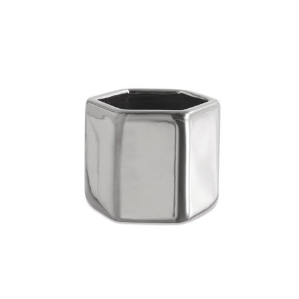 Vaso Cachepot Hexágono Porta-Velas Em Cerâmica Prata - 6 x 7 cm
