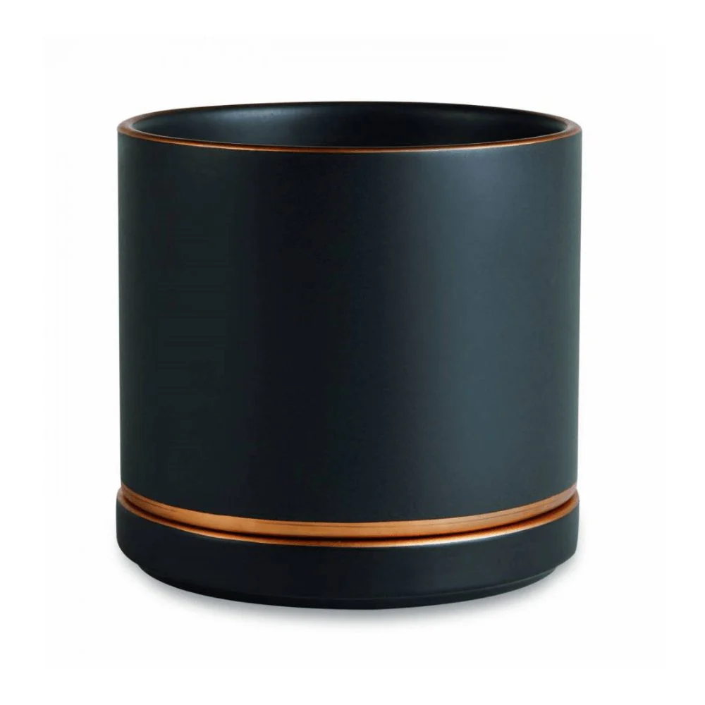 Cachepot Preto e Dourado em Cerâmica com Base (G) - 14 cm