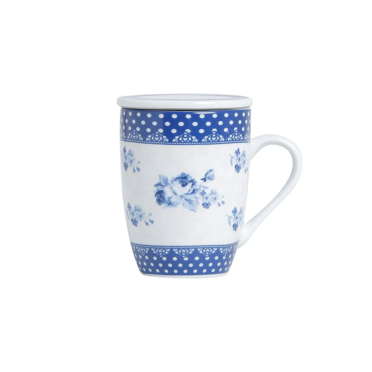 Caneca de Porcelana com Tampa e Filtro Infusor Elsa Azul Branco 310ml