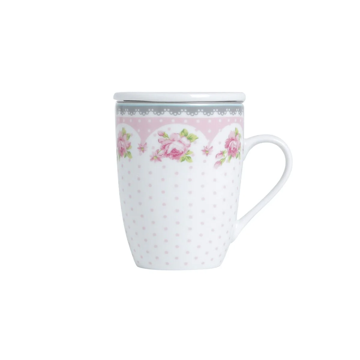 Caneca de Porcelana com Tampa e Filtro Difusor Rose Rosa Branco 310ml