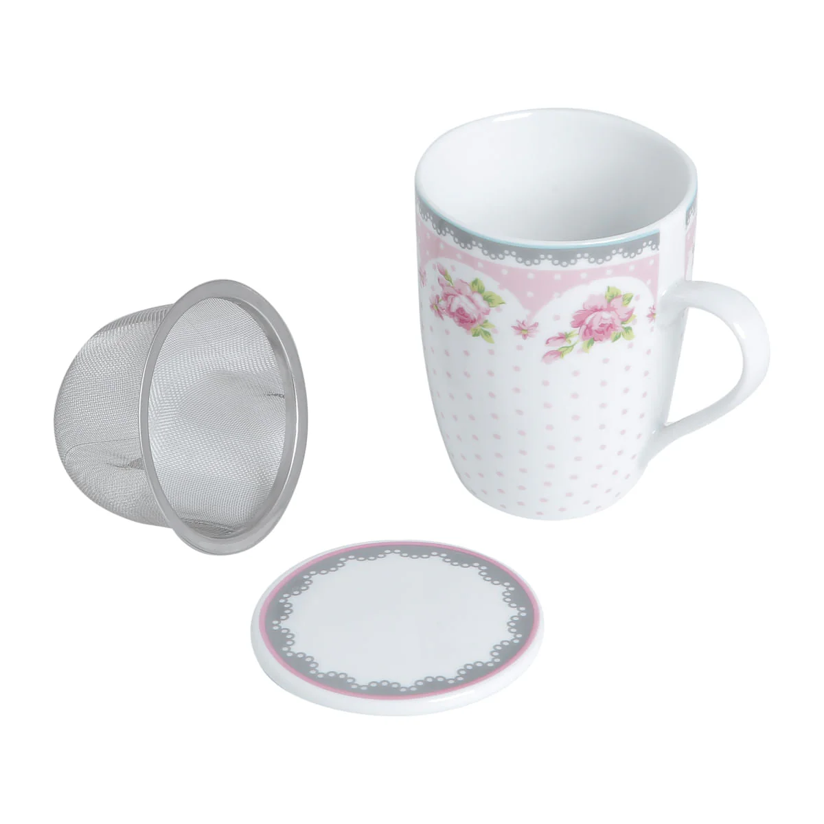Caneca de Porcelana com Tampa e Filtro Difusor Rose Rosa Branco 310ml - Image 2
