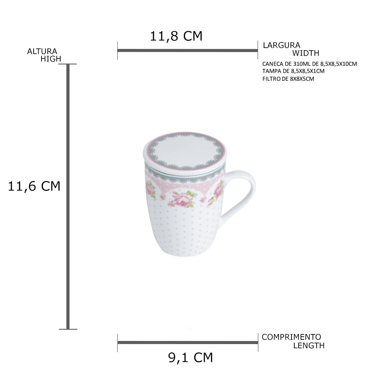 Caneca de Porcelana com Tampa e Filtro Difusor Rose Rosa Branco 310ml - Image 4