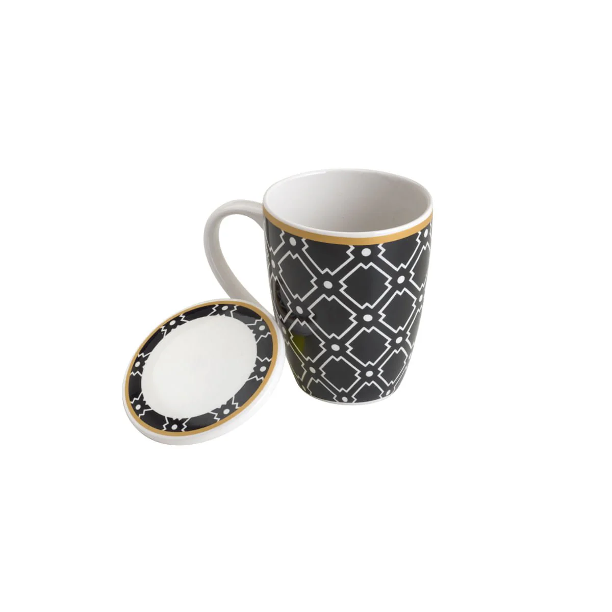 Caneca de Porcelana Super White Com Tampa e Filtro Alexandria Preto com Branco e Dourado 310ml