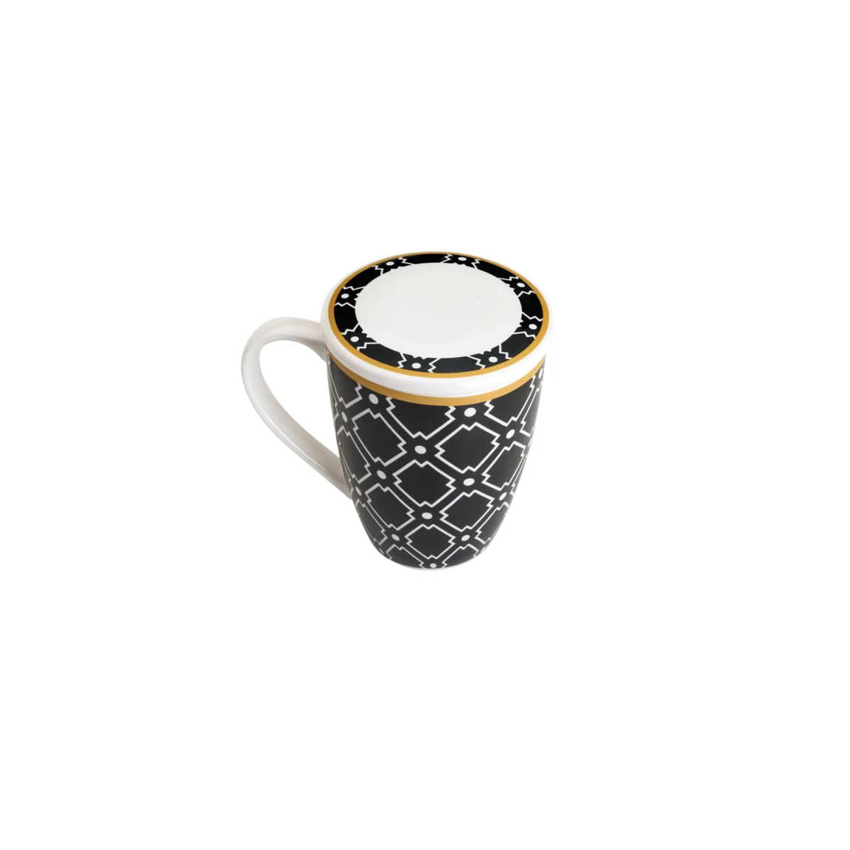 Caneca de Porcelana Super White Com Tampa e Filtro Alexandria Preto com Branco e Dourado 310ml - Image 2