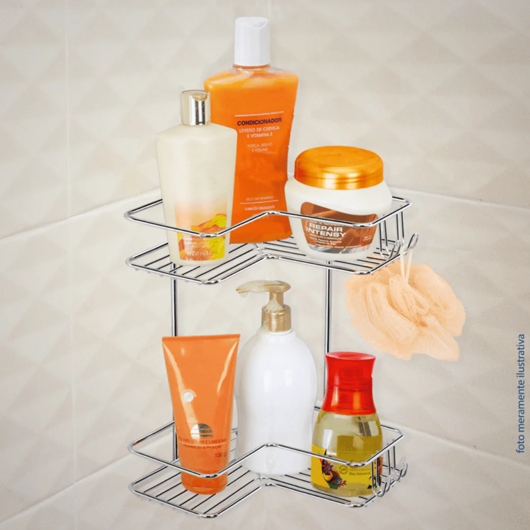 Suporte Cantoneira Dupla Porta Shampoo Condicionador Fixação Parafuso Aço Cromado