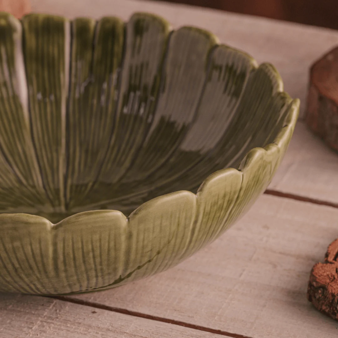 Saladeira Travessa Redonda de Cerâmica Leaf Folha de Banana Verde 25cm - Image 3