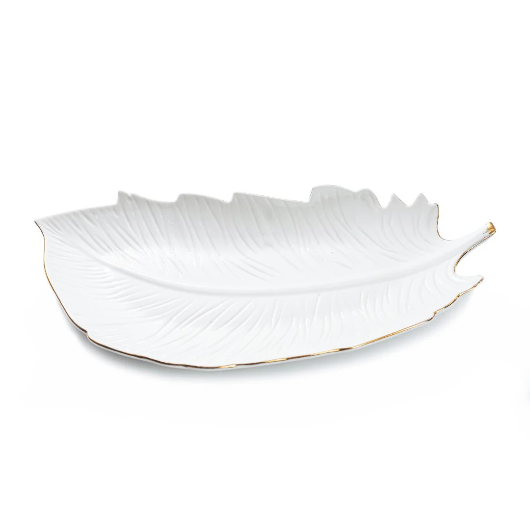Centro de Mesa Folha Fruteira Branco e Dourado 41 cm