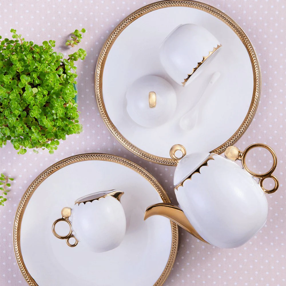 Conjunto Para Café Bule Açucareiro Leiteira Porcelana Dourado - 3 Peças - Image 4