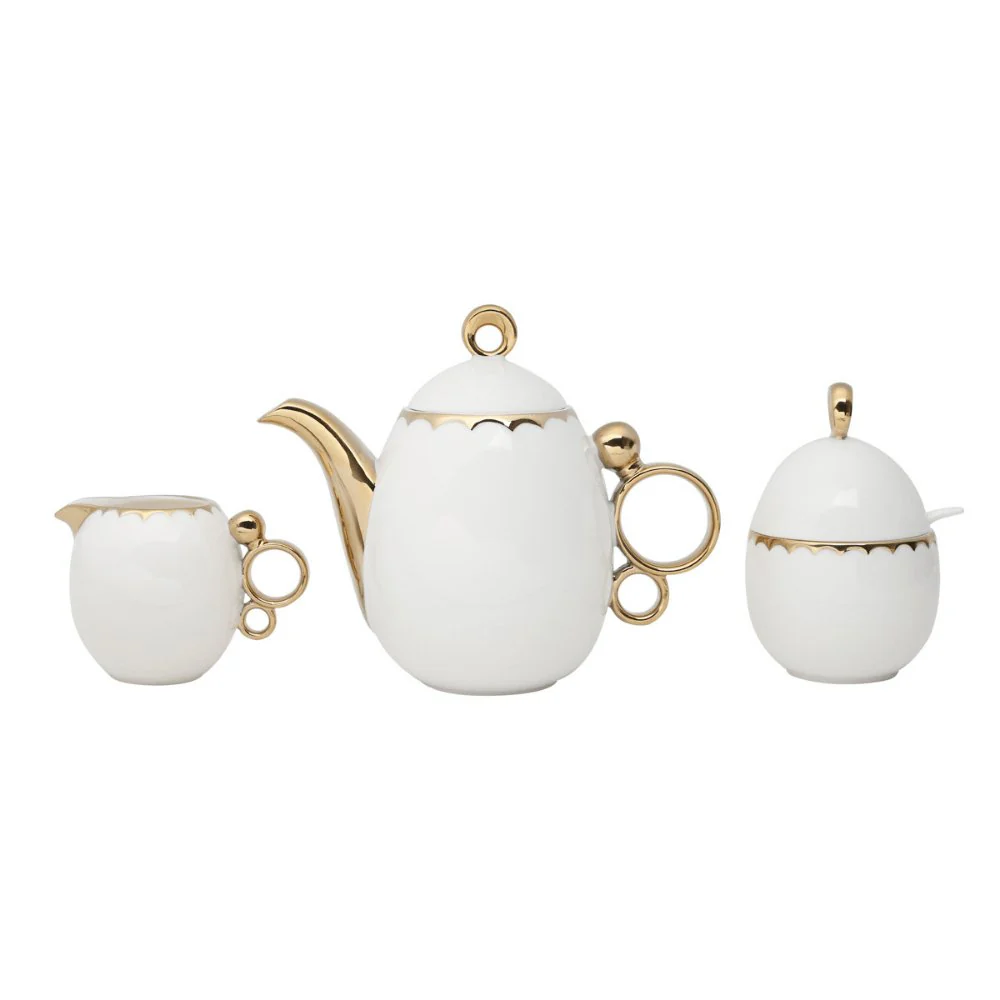 Conjunto Para Café Bule Açucareiro Leiteira Porcelana Dourado - 3 Peças - Image 6