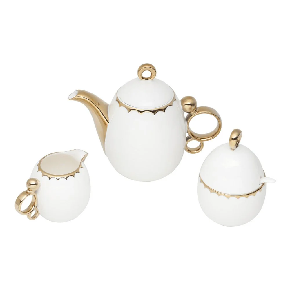 Conjunto Para Café Bule Açucareiro Leiteira Porcelana Dourado - 3 Peças - Image 7