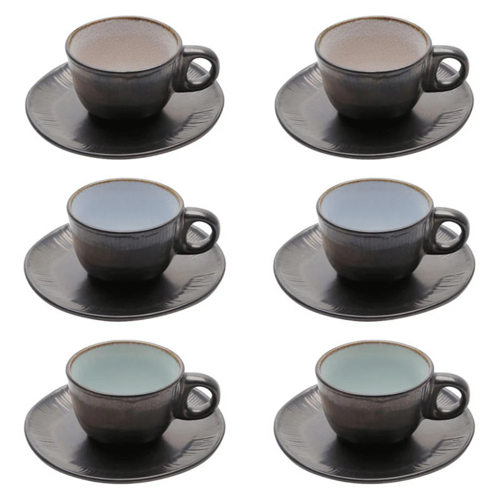 Conjunto 6 Xícaras de Café com Pires em Cerâmica Rustic Marrom 90ml