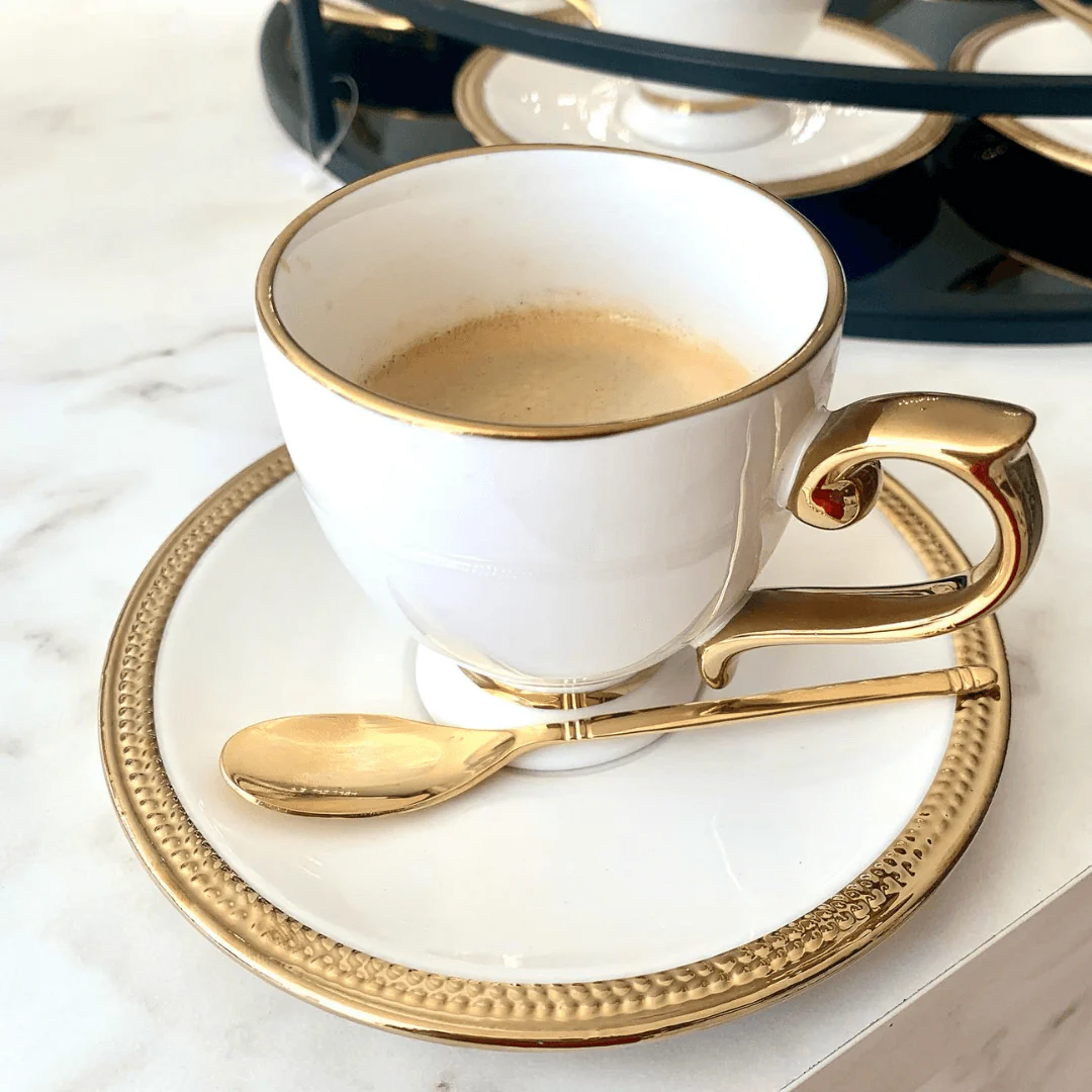 Jogo De Xícaras Para Café Dourada Com Pires Porcelana Alça Ouro Paddy 90ml - 6 Peças - Image 3