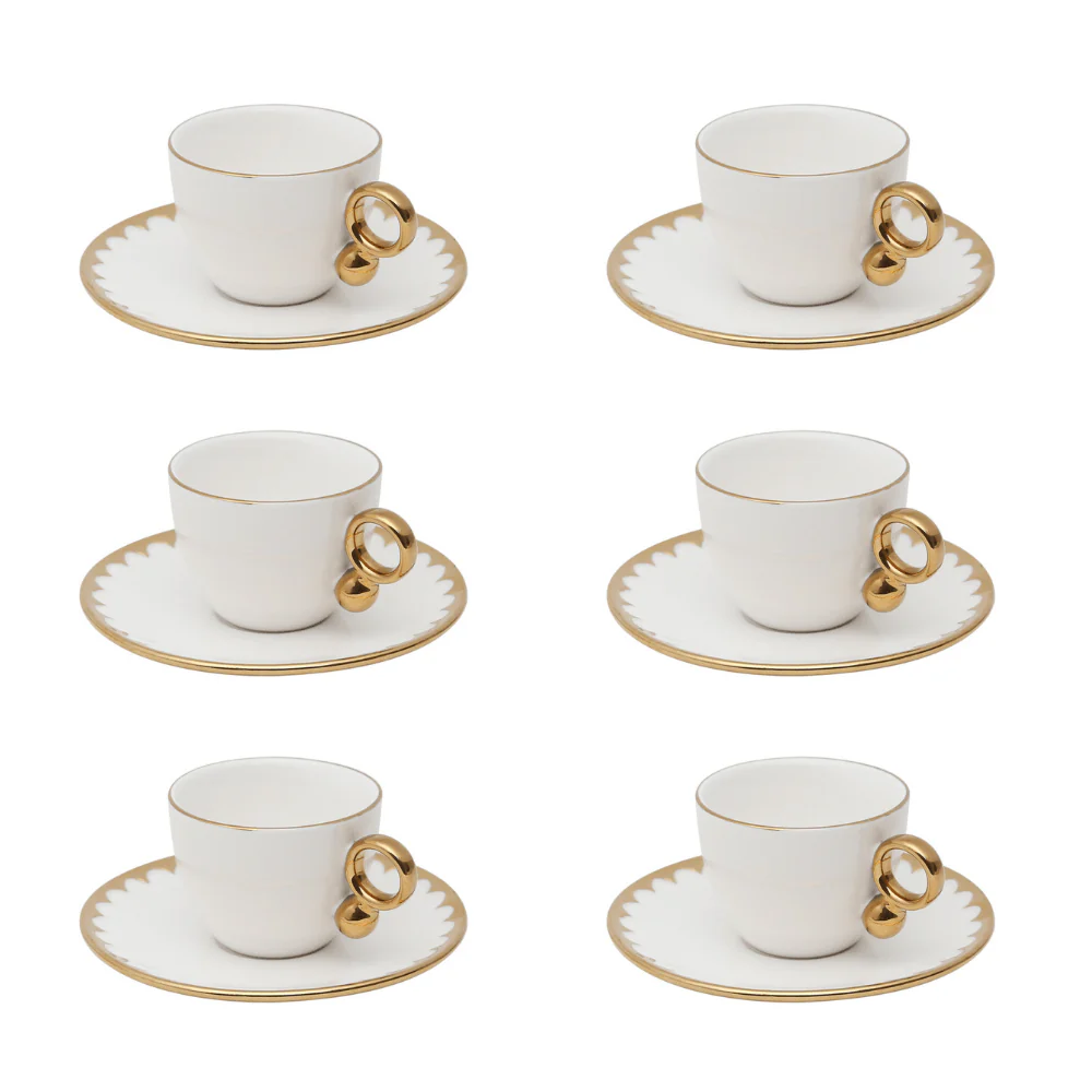 Jogo de Xícaras e Pires Para Café Porcelana Branco e Dourado 90ml Linha Egg 6 Peças - Image 5