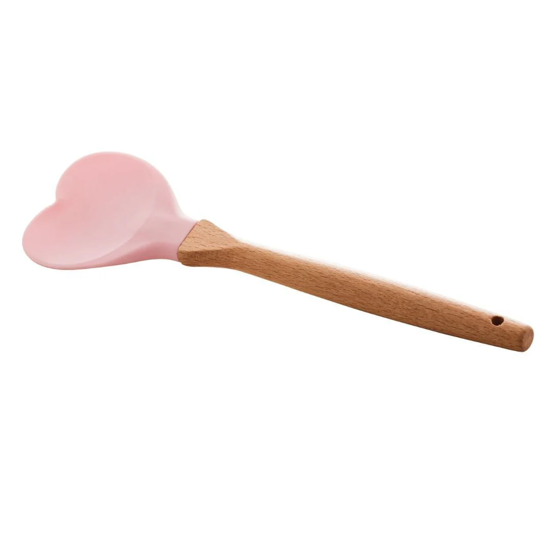 Espátula Colher de Silicone com Cabo de Bambu Heart Rosa 27cm